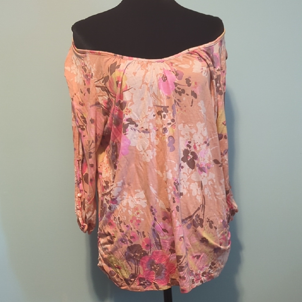 Source Unknown Pink Floral Off-the-Shoulder Tunic with Rolled Sleeves